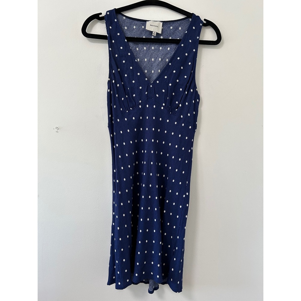Reformation Calix Polka Dot Mini Dress Women Medium Navy Blue French Girl V-Neck